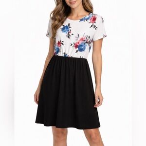 LAINAB Women’s Floral Top Black Skirt Dress Size L Short Sleeve Spot